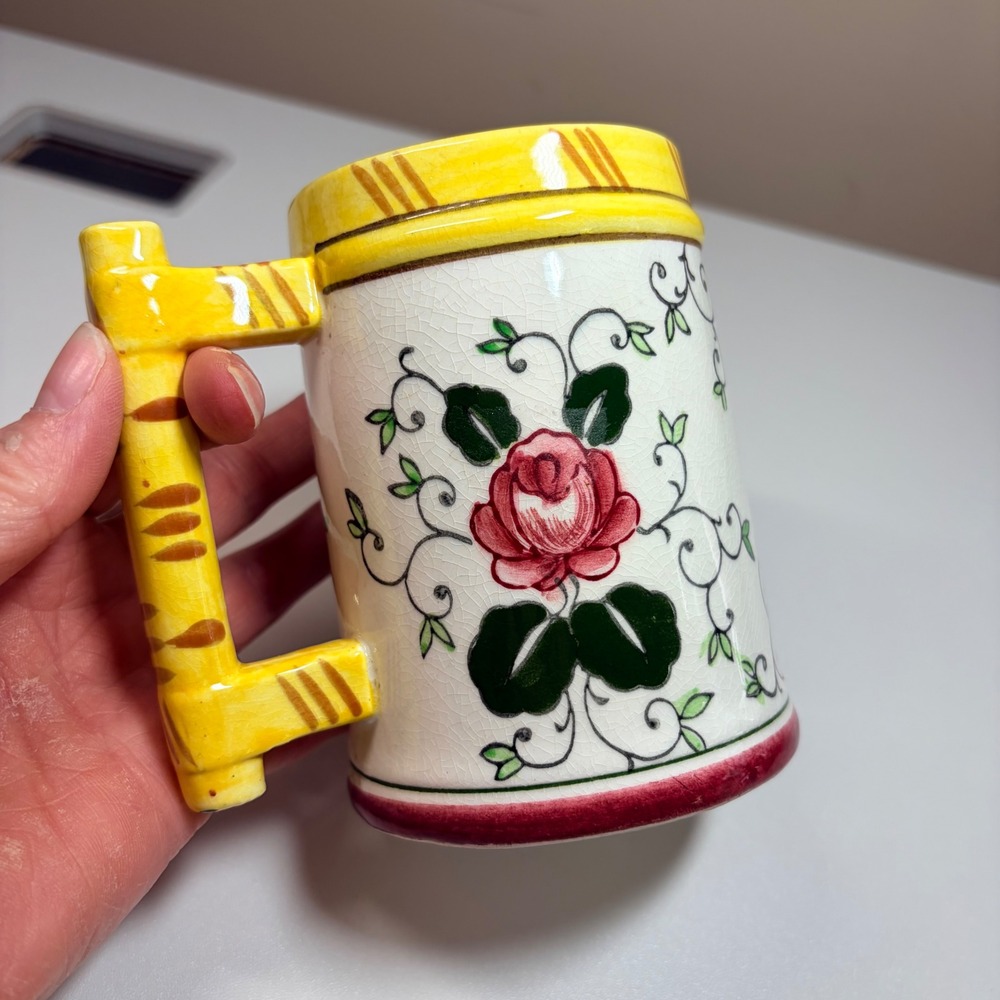 Early Provincial Japan Hand Painted Rooster Rose Ceramic Beer Stein Mug Vintage